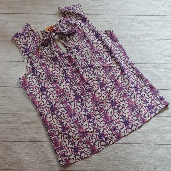 Tory Burch Purple and Cream Silk Blend Floral Blouse Size 6 - Picture 2 of 7